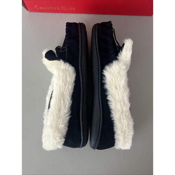Chart Club Slippers Womens 6 Leather & Faux Fur Slip On Mocs Navy Blue - Picture 5 of 9